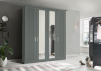 click to see larger image of These stunning Cambridge wardrobes come in 4 colours. They are a modern twist on a shaker door and are assembled for you by our in house team. Lots of options with matching chests. PRICE EXAMPLE 4 DOOR ROBE WITH 2 CENTRE MIRRORS 200CM WIDE X 220 CM HIGH £1492 ALL DELIVERED AND ASSEMBLED. CALL 01656 657526 FOR MORE DETAILS